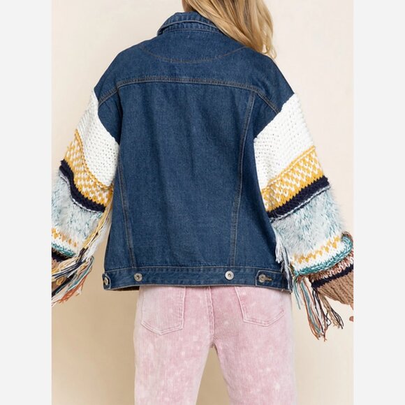 Boho Denim Jacket – Relaxed Fit with Knit Sweater Sleeves - Picture 4 of 9
